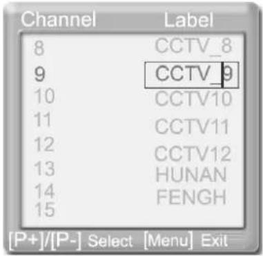 Channel Label 8 CCTV_8 9 CCTV_9 10 CCTV10 11 CCTV11 12 CCTV12 13 HUNAN 14 FENGH 15 [P+]/[P-] Select [Menu] Exit