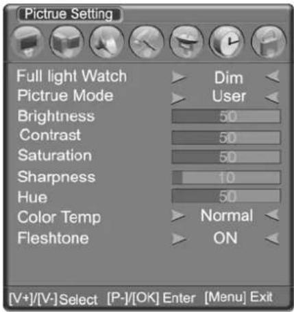 Pictrue Setting Full light Watch Dim Pictrue Mode User Brightness 50 Contrast 50 Saturation 50 Sharpness 10 Hue 50 Color Temp Normal Fleshtone ON [V+]/[V-]Select [P-]/[OK] Enter [Menu] Exit