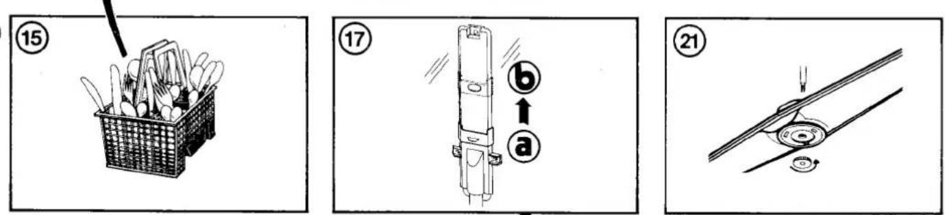 Illustration showing three steps of a cleaning or cleaning procedure: using a basket, moving a tool with labeled parts (a and b), and adjusting a circular component.