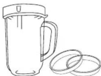 Line drawing of a blender with lid and two circular lids beside it (no text or symbols)