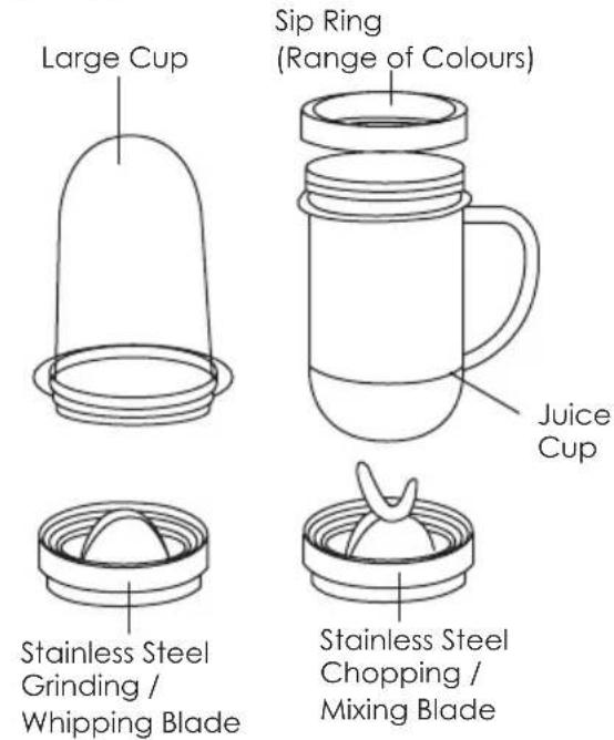 Large Cup Sip Ring (Range of Colours) Juice Cup Stainless Steel Grinding / Whipping Blade Stainless Steel Chopping / Mixing Blade