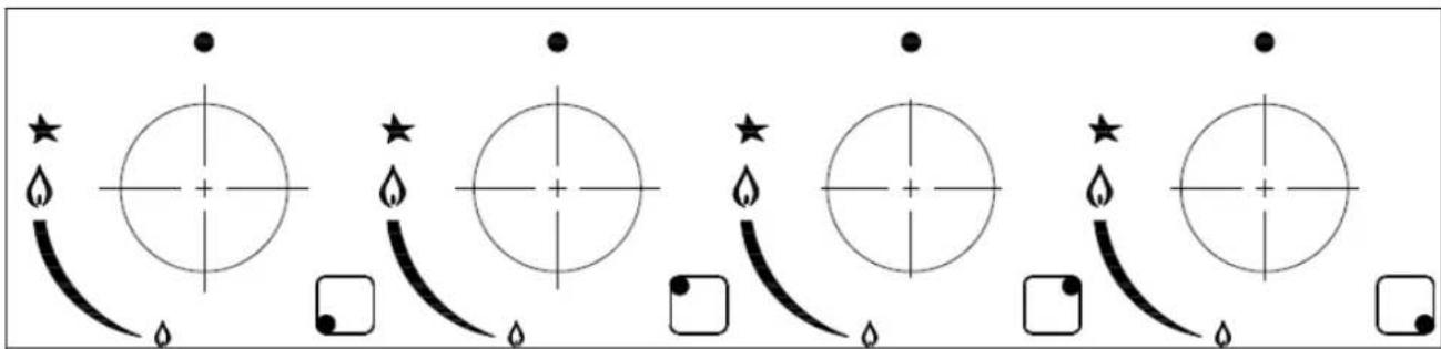 Diagram showing five circular target symbols with stars and arrows, likely representing a targeting or navigation system.