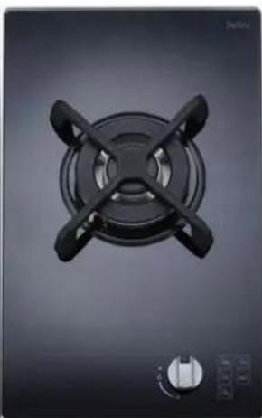 Top-down view of a black gas stove burner with four blades and a control knob (no text or symbols visible)