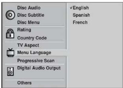 Disc Audio Disc Subtitle Disc Menu Rating Country Code TV Aspect Menu Language Progressive Scan Digital Audio Output Others ✓English Spanish French