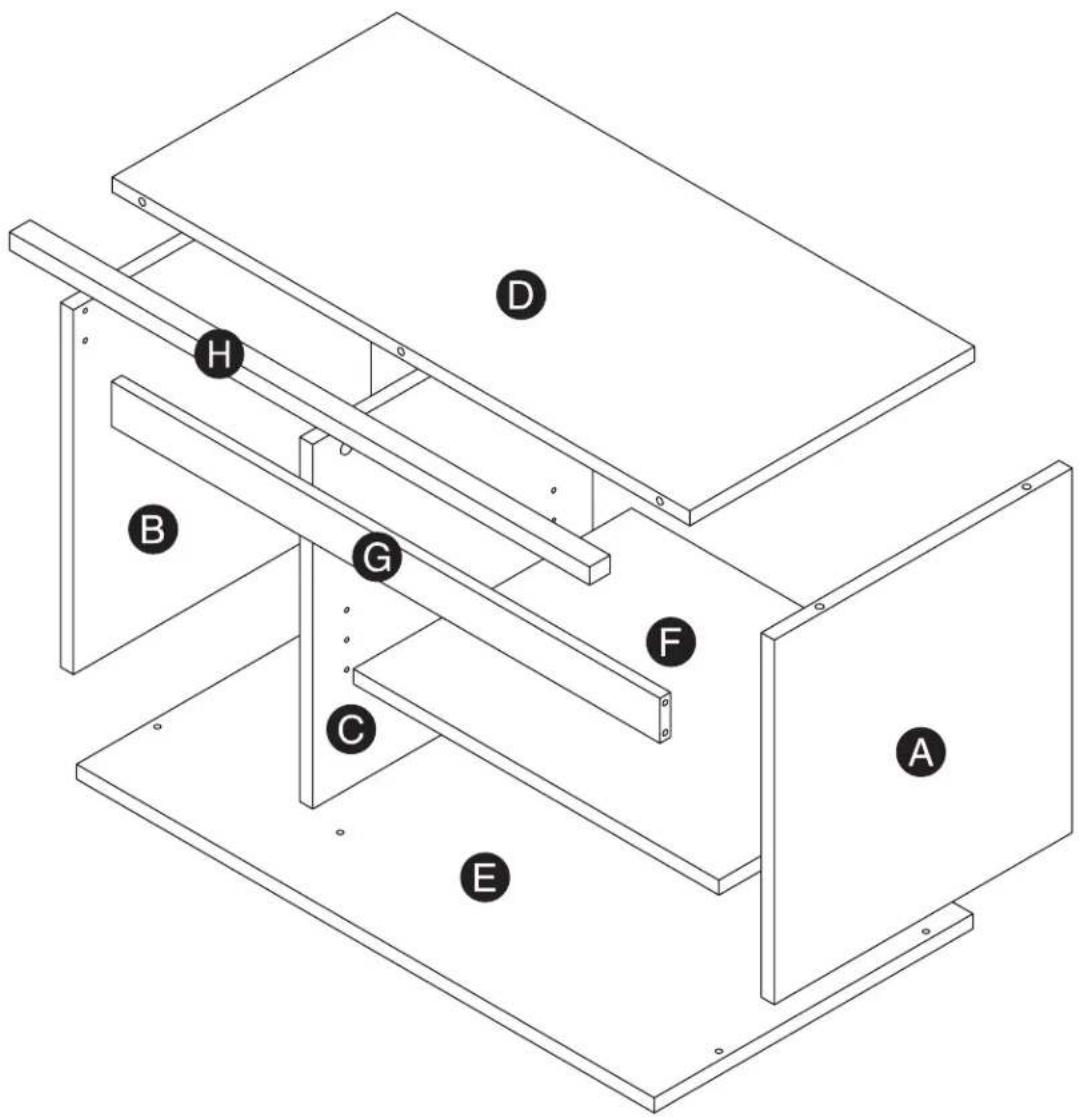 Technical diagram of a mechanical assembly with labeled components A through H, showing structural layout and mounting points.
