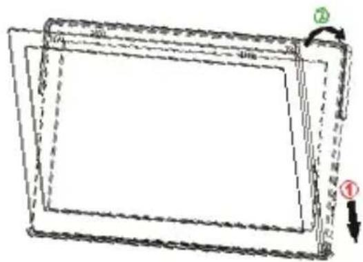 Hand-drawn diagram of a rectangular frame with labeled arrows and dimensions, showing structural details and directional arrows.