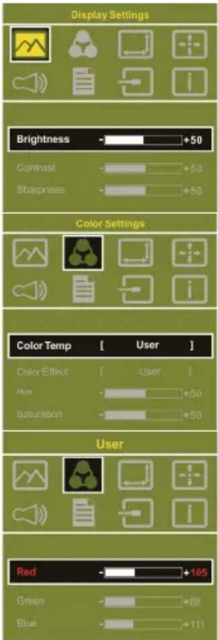 Display Settings Brightness - +50 Contrast - +50 Sharpness - +50 Color Settings Color Temp [ User ] Color Effect [ User ] Hips - +50 Saturation - +50 User Red - +105 Green - +88 Blue - +111