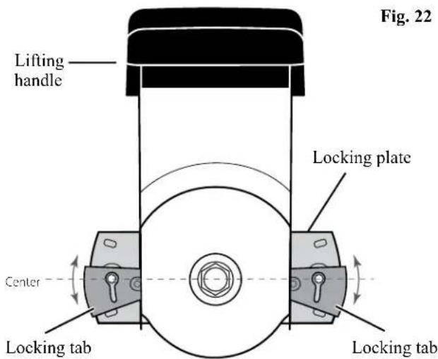 Lifting handle Locking plate Center Locking tab Locking tab Fig. 22