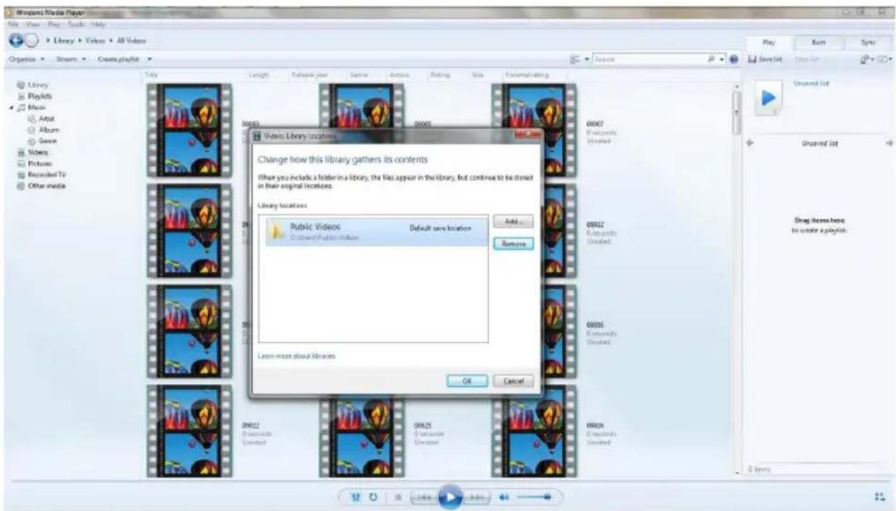 Windows Media Player File View Play Tools Help Library Books All Videos Organics Stream Create playlist Title Cough Release year Genre Actions Rating Size Paramounting Play Save List Open List Library Playlists Music Artist Album Scene Videos Pictures Recorded TV Other media 00003 00005 00007 Public Videos Default save location Add... Remove 00012 Public Videos Unstored 00016 Public Videos Unstored 00022 Unstored 00025 Unstored 00029 Public Videos Unstored Learn more about libraries OK Cancel Play Save List Open List Unstored List Drop items here. be create a playlist.