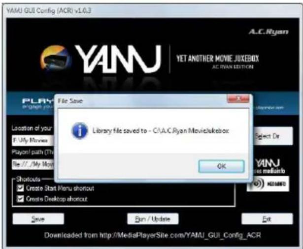 YAMU GUI Config (ACR) v1.0.3 A.C.Ryan YANJ YET ANOTHER MOVIE JUXEBOX AC RYAN EDITION PLRY File Save Library file saved to - C:\A.C.Ryan Movie\jukebox OK Location of your F:\My Movies Playon! path (Thu file // /My Movies Shortcut Create Start Menu shortcut Create Desktop shortcut Save Run / Update Exit Downloaded from http://MediaPlayerSite.com/YAMU GUI_Config_ACR