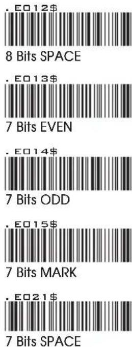 . E012$ 8 Bits SPACE . E013$ 7 Bits EVEN . E014$ 7 Bits ODD . E015$ 7 Bits MARK . E021$ 7 Bits SPACE
