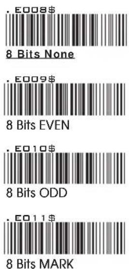 .E008$ 8 Bits None . E009$ 8 Bits EVEN . E010$ 8 Bits ODD . E011$ 8 Bits MARK
