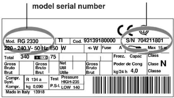 model serial number Mod. RG 2330 TI Cod. 93139180000 S/N 704211801 220 - 240 V- 50 Hz 150 W n-W Fuse A Max 15 w Total 340 75 Gross Bruto Brut Gross Bruto Brut Net Util Utile Gross Bruto Brut Freez. Capac Poder de Cong kg/24 h 4,0 Class N Classe Compr. R 134 a Test Pressure Syst. High-235 Kompr. kg 0,090 LOW 140 Made in Italy 13918