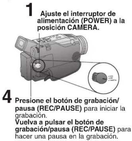1 Ajuste el interruptor de alimentación (POWER) a la posición CAMERA. 4 Presione el botón de grabación/pausa (REC/PAUSE) para iniciar la grabación. Vuelva a pulsar el botón de grabación/pausa (REC/PAUSE) para hacer una pausa en la grabación.
