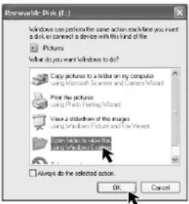 Renewable Disk (R.) Windows can perform the same action each time you insert a drive or connect a device with this kind of file. Pictures What do you want Windows to do? Copy pictures to a reader on my computer using Microsoft Scamex and Games Wizard Print the picture using Photo Viewing Wizard View a blockade of the images using Windows Picture and Fox Viewers Save links to share the using Windows Explorer Always do the selected action. OK Cancel