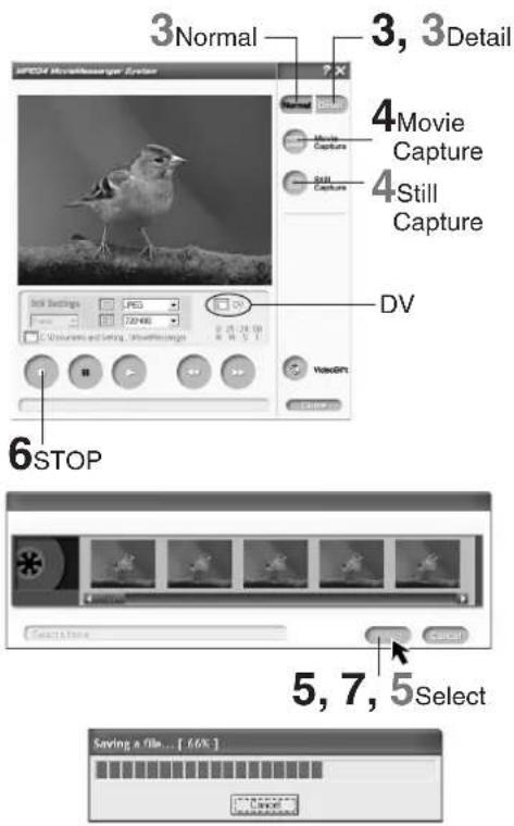 3Normal 3, 3Detail 4Movie Capture 4Still Capture DV 6STOP 5, 7, 5Select Saving a file... [ .66% ]