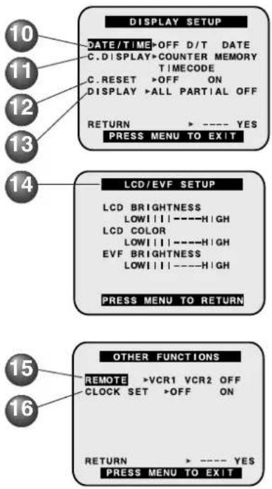10 11 12 13 14 DISPLAY SETUP DATE/TIME •OFF D/T DATE C.DISPLAY•COUNTER MEMORY TIMECODE C.RESET •OFF ON DISPLAY •ALL PARTIAL OFF RETURN • ---- YES PRESS MENU TO EXIT LCD/EVF SETUP LCD BRIGHTNESS LOW||||----HIGH LCD COLOR LOW||||----HIGH EVF BRIGHTNESS LOW||||----HIGH PRESS MENU TO RETURN 15 16 OTHER FUNCTIONS REMOTE •VCR1 VCR2 OFF CLOCK SET •OFF ON RETURN • ---- YES PRESS MENU TO EXIT