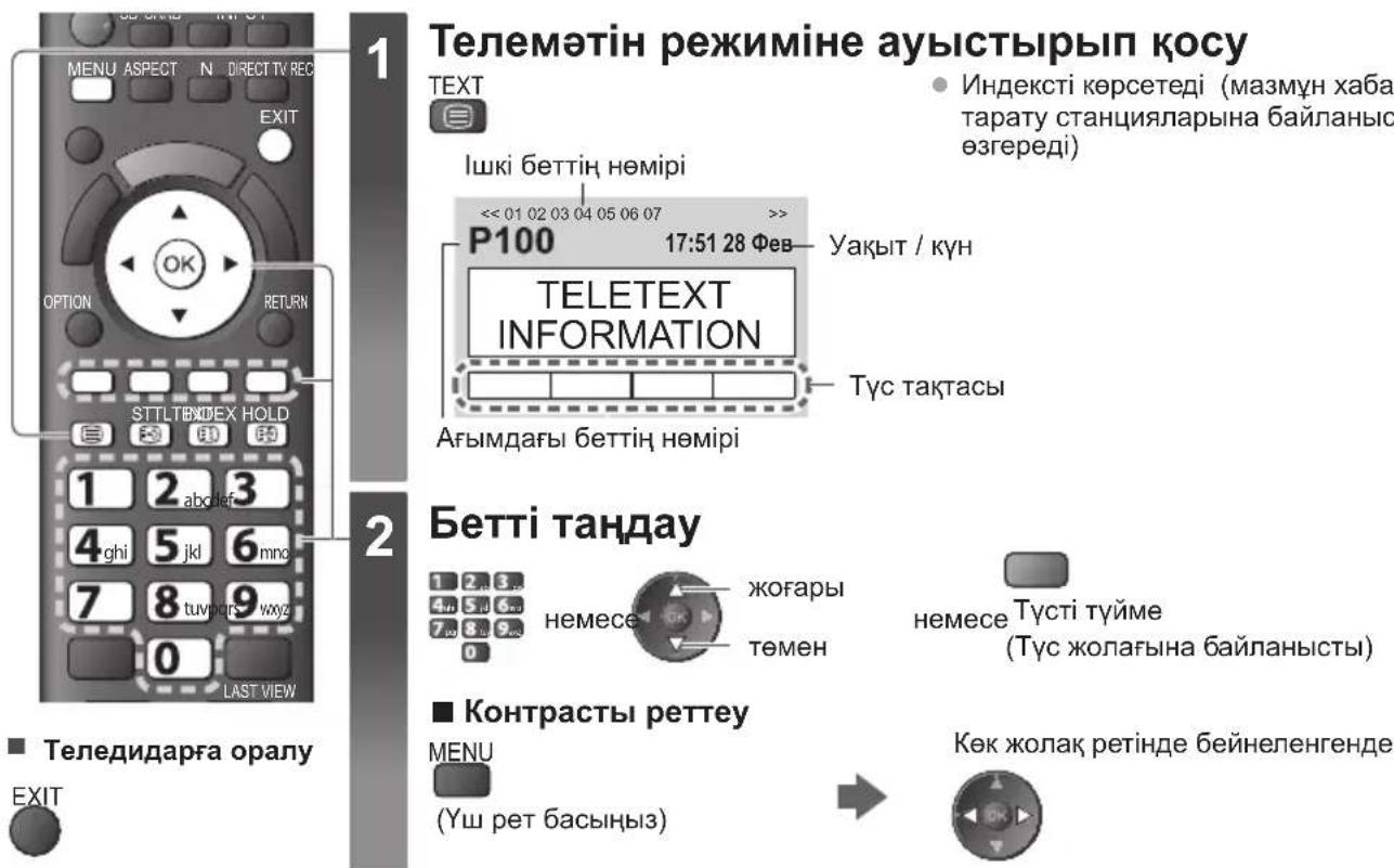 Телемәтін режиміне ауыстырып қосу TEXT Ішкі беттің нөмірі << 01 02 03 04 05 06 07 17:51 28 Фев Уақыт / күн ТЕLETEXT INFORMATION Ағымдағы беттің нөмірі Түс тақтасы 1 2 abc left 4 ghi 5 jkl 6 mno 7 8 tuw qars wxyz 0 LAST VIEW Теледидарға оралу EXIT 2 Бетті таңдау 1 2 3 4 uh 5 i 6 7 oo 8 i 9 0 немесе ж…