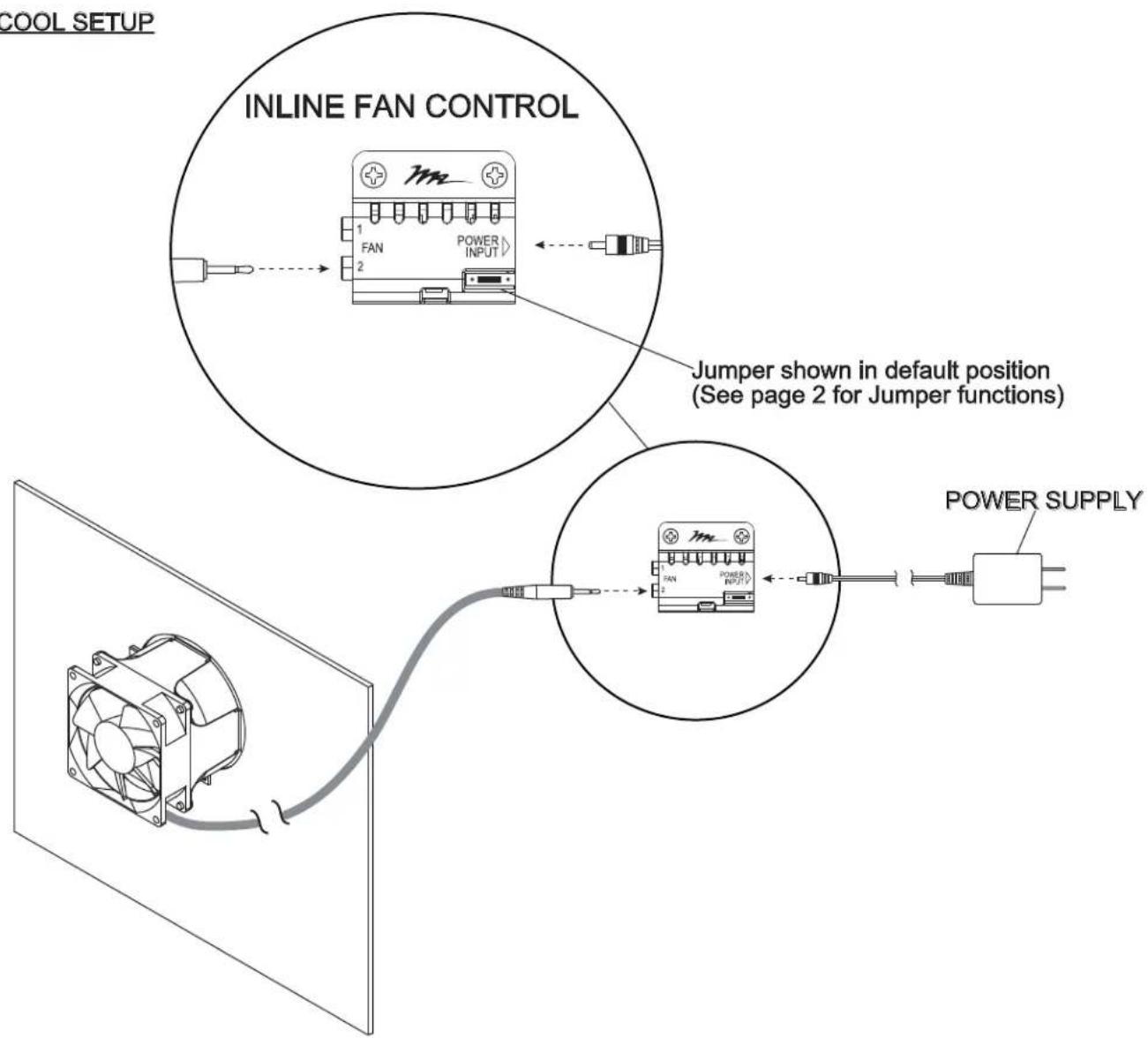 graph TD A["COOL SETUP"] --> B["INLINE FAN CONTROL"] B --> C["Jumper shown in default position (See page 2 for Jumper functions)"] C --> D["POWER SUPPLY"] subgraph Power Setup E["FAN 1"] --> F["POWER INPUT"] G["FAN 2"] --> H["POWER INPUT"] end style A fill:#f9f,stroke:#333 style B fill:#ccf,stroke:#…