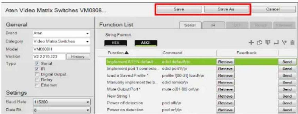 Aten Video Matrix Switches VM0808... Save Save As Cancel General Brand Category Model Version Type Baud Rate Data Bit 8 Function List Serial IR DO Runup Forward String Format HEX ASCII + - Functional Command Feedback Implement ATEN default... eclid default\nRetrieve Implement port 1 connecte... eclid port\nRetrieve load a Saved Profile * profile [00-31] load\nRetrieve Manually implement the b... eclid remix\nRetrieve Mute Output Port* mute o[01-06] only\nRetrieve New String 1 Power off detection pod off\nRetrieve Power on detection pod only\nRetrieve