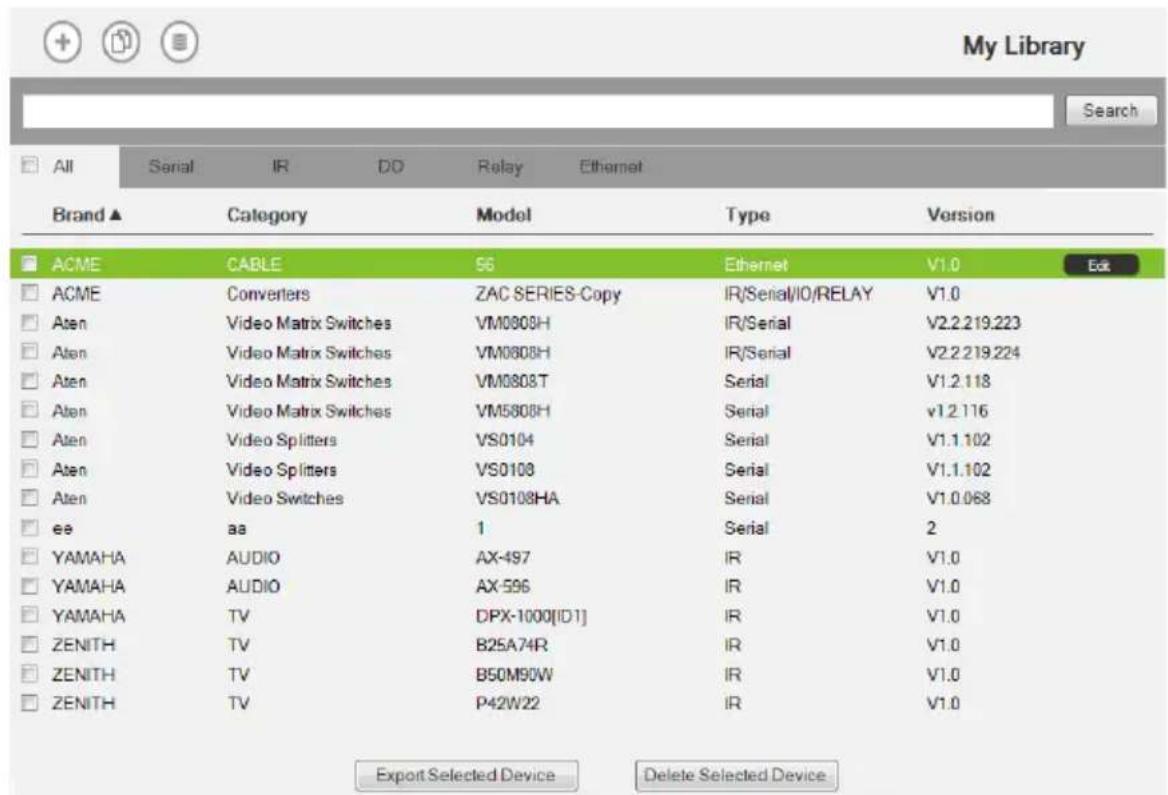 My Library Search All Serial IR DO Relay Ethernet Brand ▲ Category Model Type Version ACME CABLE 56 Ethernet V1.0 Edit ACME Converters ZAC SERIES-Copy IR/Serial/IO/RELAY V1.0 Aten Video Matrix Switches VM0808H IR/Serial V2.2.219.223 Aten Video Matrix Switches VM0808H IR/Serial V2.2.219.224 Aten Video Matrix Switches VM0808T Serial V1.2.118 Aten Video Matrix Switches VM5808H Serial v1.2.116 Aten Video Splitters VS0104 Serial V1.1.102 Aten Video Splitters VS0108 Serial V1.1.102 Aten Video Switches VS0108HA Serial V1.0.068 ee aa 1 Serial 2 YAMAHA AUDIO AX-497 IR V1.0 YAMAHA AUDIO AX-596 IR V1.0 YAMAHA TV DPX-1000[ID1] IR V1.0 ZENITH TV B25A74R IR V1.0 ZENITH TV B50M90W IR V1.0 ZENITH TV P42W22 IR V1.0 Export Selected Device Delete Selected Device