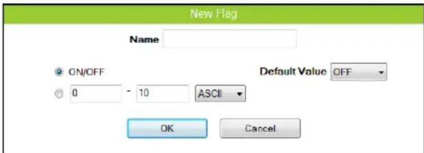 New Flag Name ON/OFF 0 - 10 ASCII Default Value OFF OK Cancel