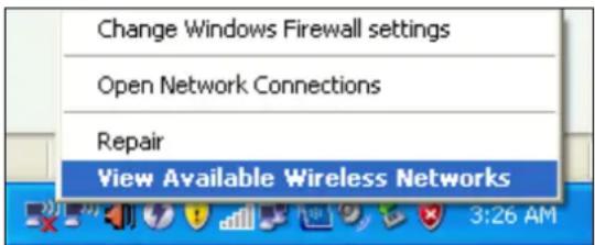 Change Windows Firewall settings Open Network Connections Repair View Available Wireless Networks 3:26 AM