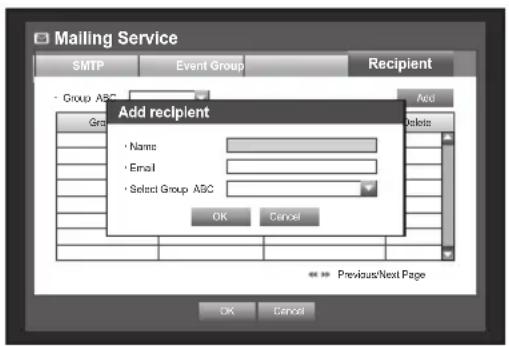 Mailing Service SMTP Event Group Recipient - Group ABC Add Name Email Select Group ABC OK Cancel Previous/Next Page OK Cancel