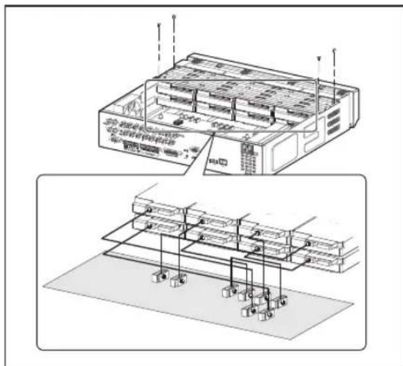 Technical diagram showing two views of a server rack with labeled components and connections, including a control panel and floor plan.