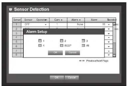 Sensor Detection Sensor Sensor Operation Com Alarm Alarm Duration 1 OFF 1 None 10 Alarm Setup 1 2 3 4 BEEP All OK Cancel Previous/Next Page OK Cancel