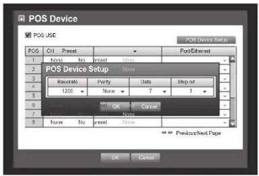 POS Device POS USE POS Device Setup POS Device Setup Baudrate Parity Date Stop bit 1200 None 7 1 OK Cancel None None No Preset None Previous/Next Page OK Cancel