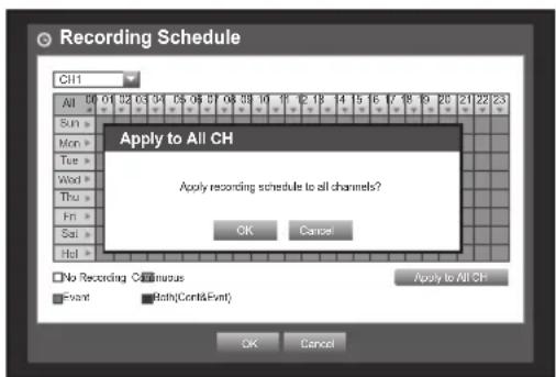 Recording Schedule CH1 Apply to All CH Apply recording schedule to all channels? OK Cancel No Recording Continuous Event Rath(Cont&Event) Apply to All CH OK Cancel