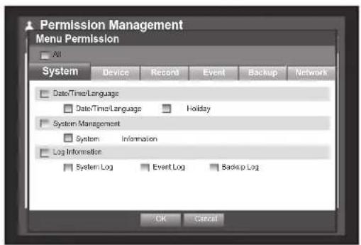 Permission Management Menu Permission All System Device Recent Event Backup Network Date/Time/Language Date/Time/Language Holiday System Management System Information Log Information System Log Event Log Backup Log OK Cancel