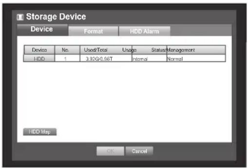 Storage Device Device Format HDD Alarm Device No Used/Total Usage Status Management HDD 1 3.92G±0.56T Internal Normal HDD Map OK Cancel
