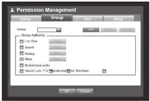 Permission Management Admin Group User Setup -Group Add Remove Options - Group Authority Live View Search Backup Menu Bidirectional audio Record Lock PTZ Remote Audio Out Shutdown OK Cancel