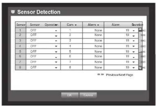 Sensor Detection Sensor Sensor Operation Com Alarm Alarm Duration 1 OFF ▼ 1 None 10 - 2 OFF ▼ 2 None 10 - 3 OFF ▼ 3 None 10 - 4 OFF ▼ 4 None 10 - 5 OFF ▼ 5 None 10 - 6 OFF ▼ 6 None 10 - 7 OFF ▼ 7 None 10 - 8 OFF ▼ 8 None 10 - * * * Previous/Next Page OK Cancel