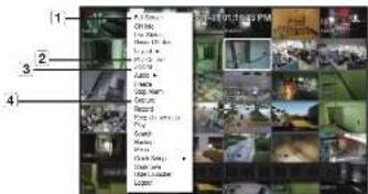 Cropped image showing a grid of surveillance camera feeds with labeled components and a context menu in Chinese.