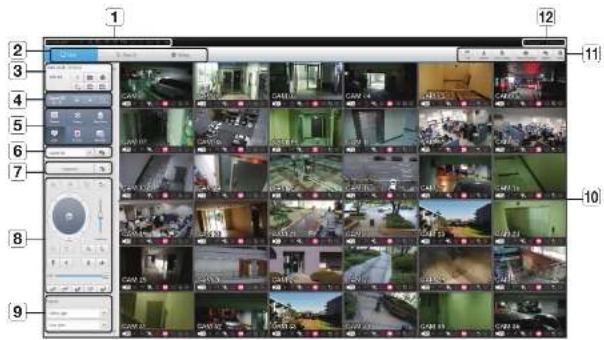 Screenshot of a surveillance camera interface with numbered panels and labeled camera images