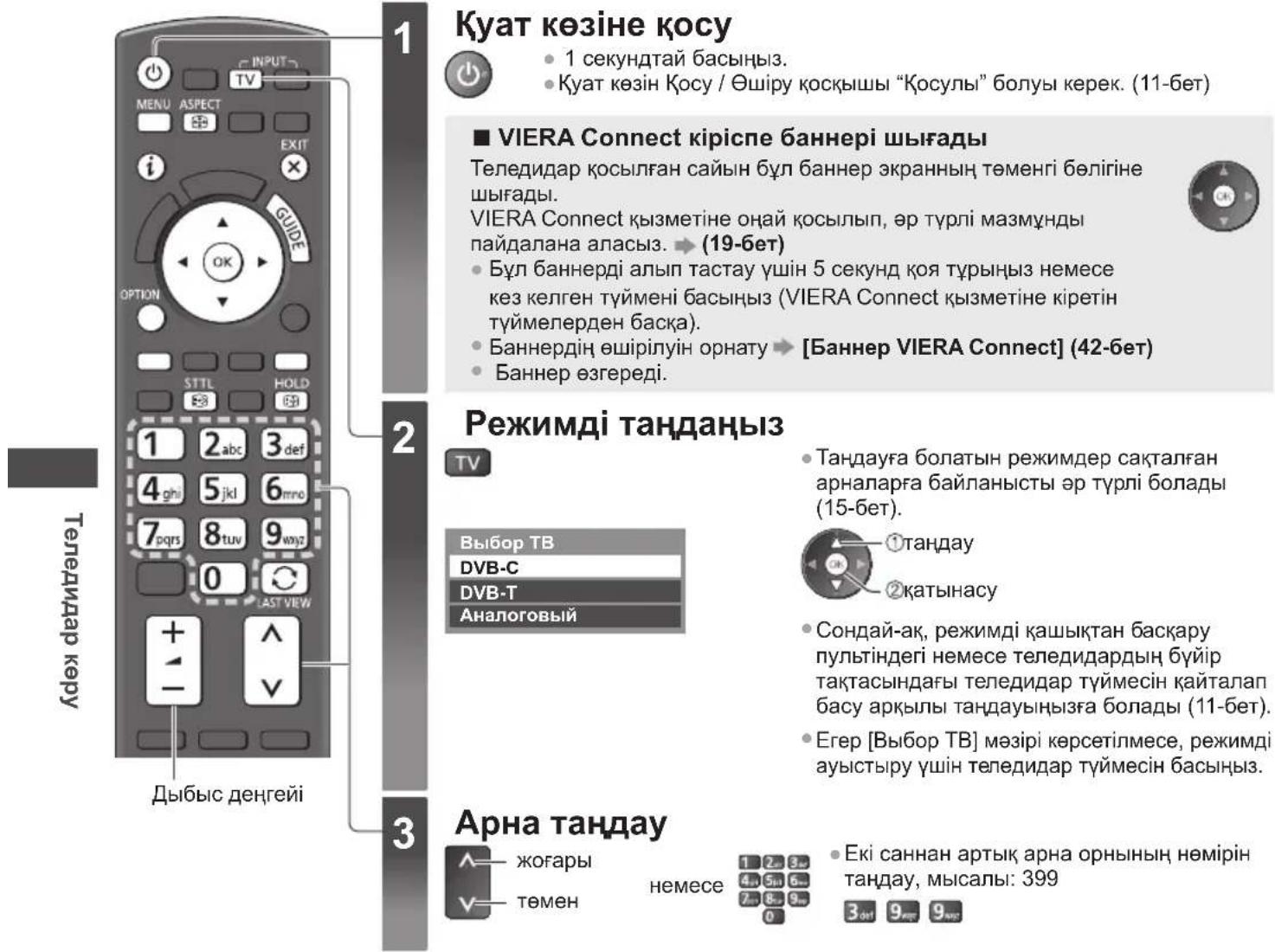Қуат көзіне қосу 1 секундтай басыңыз. Қуат көзін қосу/өшіру қосқышы "Қосулы" болуы керек. (11-бет) ■ VIERA Connect кіріспе баннері шығады Теледидар қосылған сайын бұл баннер экранның төменгі бөлігіне шығады. VIERA Connect қызметіне оңай қосылып, әр түрлі мазмұнды пайдалана аласыз. → (19-бет) Бұл бан…