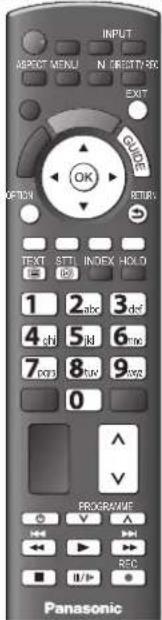 INPUT ABSTRACT MENU N DIRECTOR EXIT GUIDE RETURN OPTION TEXT STT INDEX HOLD 1 2 abc 3 def 4 shi 5 ld 6 mo 7 PDS 8 tvw 9 oxc 0 PROGRAMME Panasonic