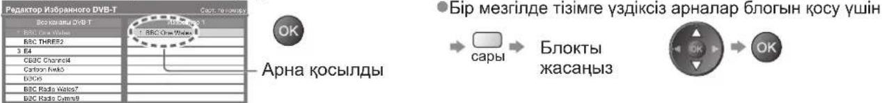 DVB-T таңдаулы арналар тізімінің редакторы. Барлық DVB-T арналары, соның ішінде BRC THRES2, 3 E4, CB2C Channel4, Carbon Eink5, B2C6, BBC Radio Wafer7, B2C Radio Cyma9. Бір мезгілде тізімге үздіксіз арналар блогын қосу үшін: Арна қосылды, Блокты жасаңыз, сары, OK.