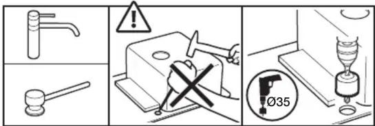 Diagram illustrating three safety instructions: first for a faucet, second for a gavel, and third for a valve with warning symbol and angle specification Ø35.