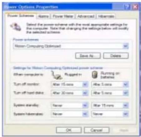 Power Options Properties Power Schemes Name Power Note Advanced Hibernate Select the power scheme with the most appropriate settings for this computer. Note that changing the settings before will modify the selected schemes. Power schemes: Motion Computing Optimized Save As... Delete Settings for Motion Computing Optimized power scheme Other computer to: Plugged in Running on batteries Turn off monitor: After 15 mins After 5 mins Turn off hard drive: After 20 mins After 5 mins System standby: Never After 15 mins System Reminders: Never Never OK Cancel