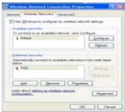 Windows Network Connection Properties General Wireless Networks Advanced Use Windows to configure my wireless network settings Available networks: To connect to an available network, click Configure. Linkers Configure Refresh Networks Advanced networks: Automatically connect to available networks in the order based linker: PAD Show up Show down Add Remove Properties Learn about settings up wireless network configurations. Advanced OK Cancel
