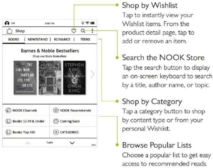 Shop by Wishlist Tap to instantly view your Wishlist items. From the product detail page, tap to add or remove an item. Barnes & Noble Bestsellers Shop our Store Bestsellers THE GIRL WHO TAKES AN EYE FOR AN EYE DEBBIE MACOMBER STEPHEN KING SHELVAN WIKING OWEN KING Search the NOOK Store Tap the search button to display an on-screen keyboard to search by a title, author name, or topic. Shop by Category Tap a category button to shop by content type or from your personal Wishlist. Browse Popular Lists Choose a popular list to get easy access to recommended reads.