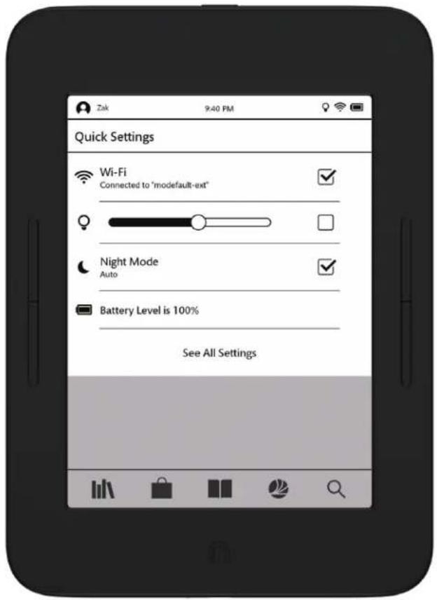 Zak 9:40 PM Quick Settings Wi-Fi Connected to "modefault-ext" Night Mode Auto Battery Level is 100% See All Settings