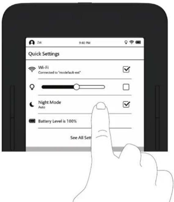Zak 9:40 PM Quick Settings Wi-Fi Connected to "modefault-ext" Night Mode Auto Battery Level is 100% See All Sett