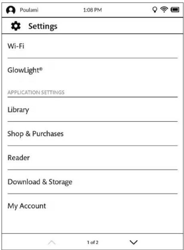 Poulami 1:08 PM Settings Wi-Fi GlowLight® APPLICATION SETTINGS Library Shop & Purchases Reader Download & Storage My Account 1 of 2