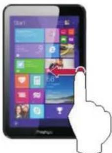 Tablet screen displaying app icons with a hand pointing to the right, showing a red arrow pointing to the 'Start' button.