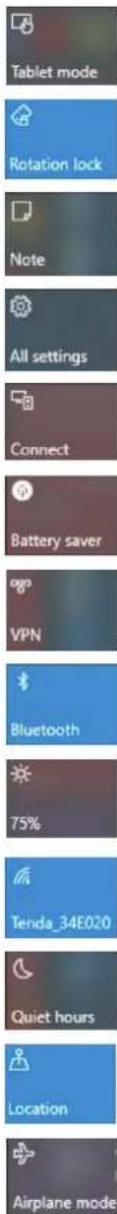 Tablet mode Rotation lock Note All settings Connect Battery saver VPN Bluetooth 75% Tenda_34E020 Quiet hours Location Airplane mode